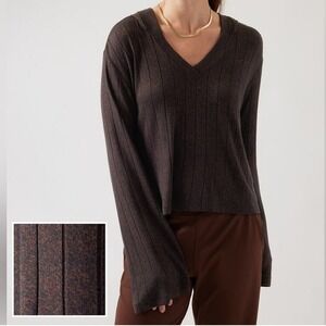 Athleta Ribbed V Neck Hoodie Long Sleeve Cropped Top Women's‎ Size Small Brown